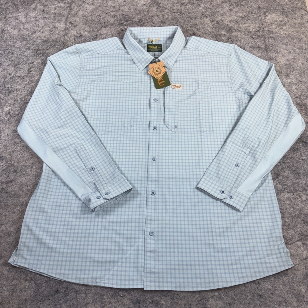 New Marsh Wear Shirt Men's 2X Blue Cloud Plaid Lenwood Hagood Tech Long Sleeve